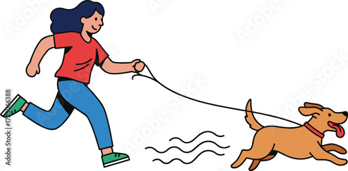 Person running with dog, energetic pet activity illustration, outdoor exercise concept, companionship scene, playful lifestyle design, cad drawing flat vector illustration