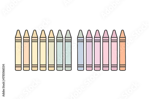 Twelve pastel colored wax crayons arranged in a horizontal row