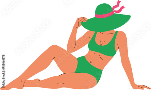 Woman in green bikini, sunhat pose, summer beach scene, cartoon vector illustration, relaxed vibe, CAD drawing flat vector