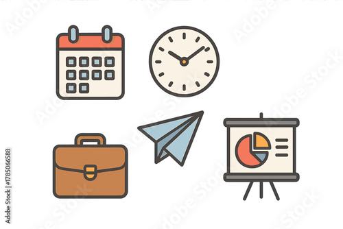 Business planning icons set featuring calendar clock briefcase paper plane and presentation graphics