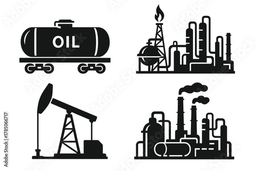 Set of black silhouette icons for oil and gas industry equipment and facilities
