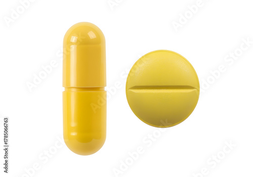 Bright yellow capsule and pill for medical uses, pharmaceutical designs and health awareness campaigns