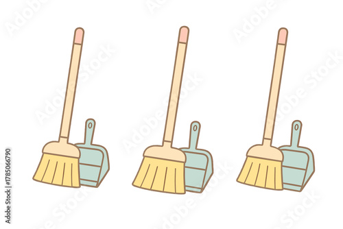Seamless pattern of simple brooms and dustpans in soft pastel colors