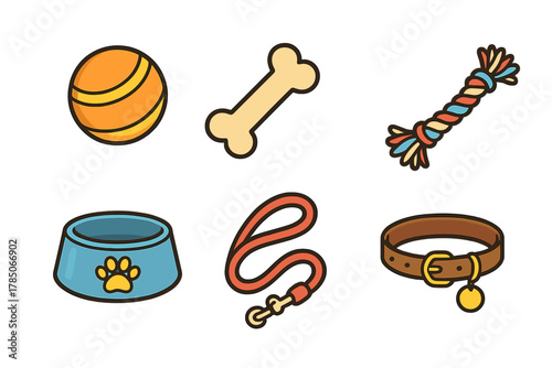 Colorful icons for dog care and play accessories