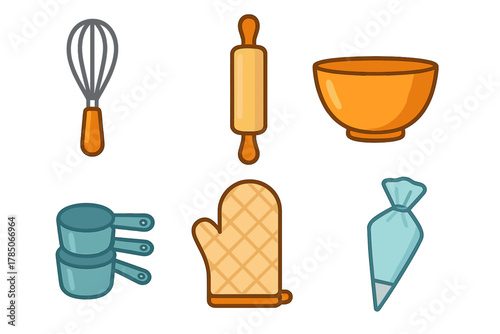 Colorful set of baking and pastry making kitchen utensil icons