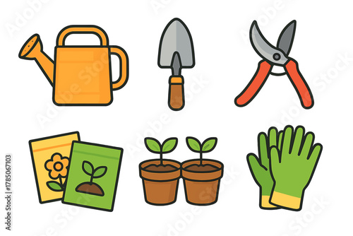 Colorful set of essential gardening tools and planting supplies icons