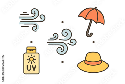 Weather protection symbols including wind, sunblock, umbrella, and hat