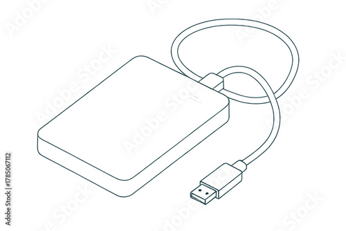 Isometric outline of portable external hard drive with attached USB cable