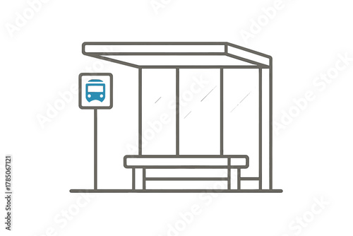Simple line art icon of public transit bus stop shelter and sign