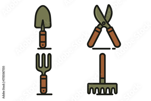 Essential gardening tools icons featuring trowel, shears, fork, and rake