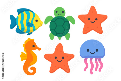 Collection of happy cartoon sea life icons featuring various marine animals