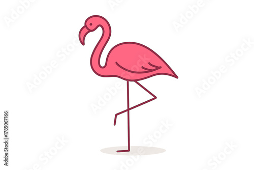 Pink flamingo standing on one leg simple line art icon design