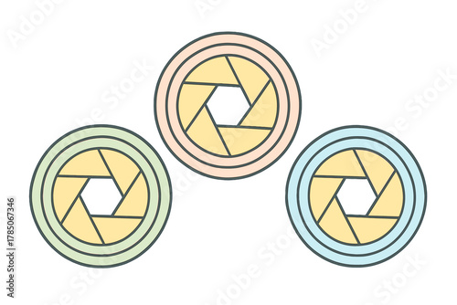 Stylized camera aperture icons in soft pastel colors