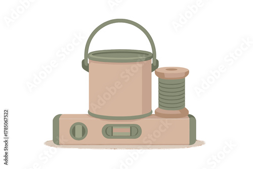 Paint can spirit level and wooden thread spool composition