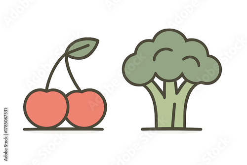 Stylized icons of fresh cherries and broccoli vegetable produce