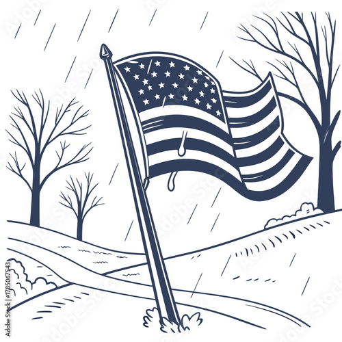 American Flag Waving In The Rain With Bare Trees Keywords: america, flag, rain, storm, weather
