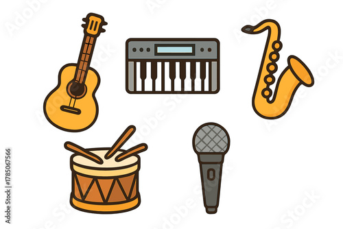 Set of diverse musical instrument icons featuring guitar keyboard saxophone drum and microphone