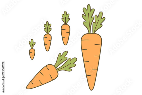 Assortment of cartoon carrots with vibrant green leafy tops