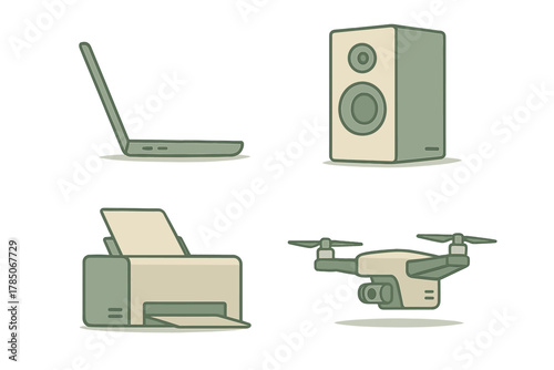 Modern electronic gadgets collection: laptop, speaker, printer, and flying drone