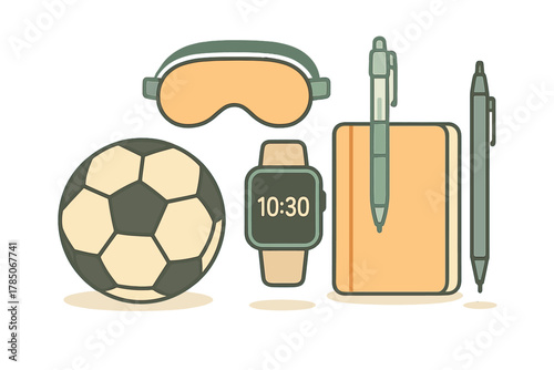 Collection of leisure and work accessories including soccer ball and notebook