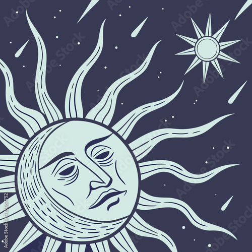 Celestial Sun Face with Rays and Stars on Dark Blue Background anthropomorphic