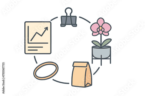 Desk items workflow diagram featuring growth chart and potted plant