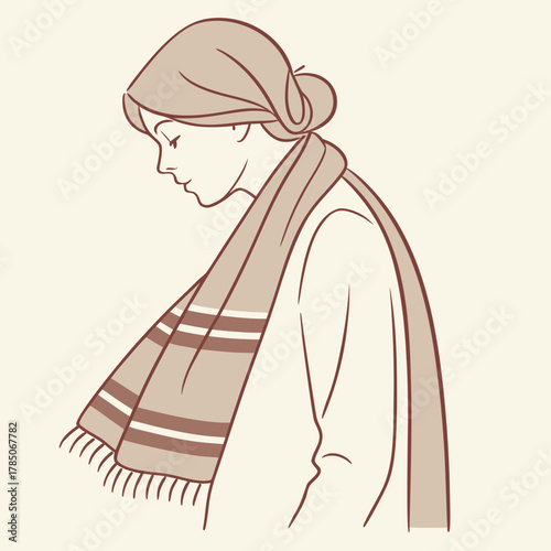 Profile of a woman wearing a scarf in muted tones Keywords: woman, profile, head, shoulders