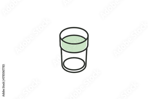 Isometric view of a simple glass containing light green liquid