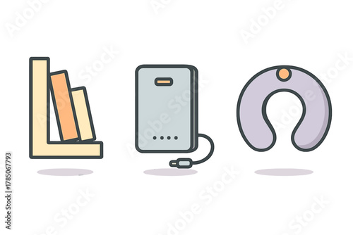 Essential travel gear icons featuring book, power bank, and neck support