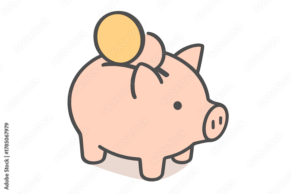 Fototapeta premium Minimalist pink piggy bank with yellow coin inserted into slot