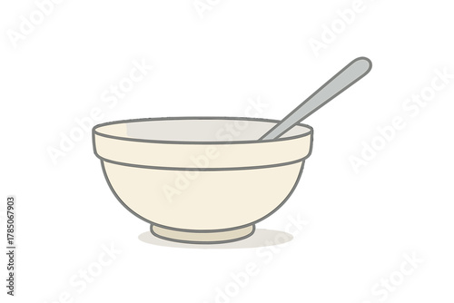 Ceramic bowl and spoon isolated on white background for mealtime