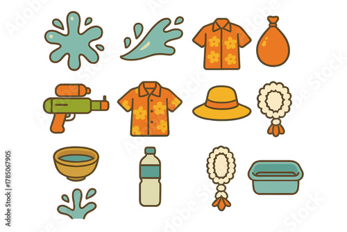 Colorful icons representing elements of a traditional water festival celebration