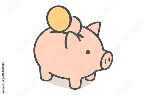 Minimalist pink piggy bank with yellow coin inserted into slot
