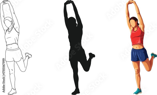 Three variations of a woman stretching her arm while standing one leg