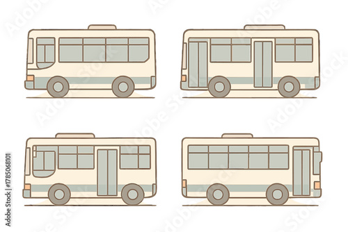 Four small passenger bus side view icons in muted color palette