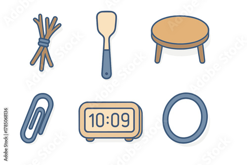 Beige and blue outline icons for common household and objects