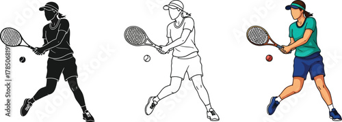 Female tennis player hitting ball with racket sportswoman playing tennis hand drawn vector illustration