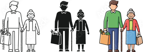 Three versions of a young man helping an elderly woman with groceries