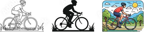Three different styles of a cyclist riding a bicycle vector, silhouette and colored illustration