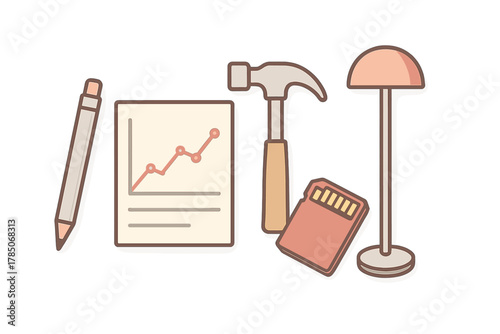 Business tools and progress report icon set for analysis and planning