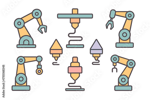Collection of robotic arms and 3D printer extruder icons in modern flat design