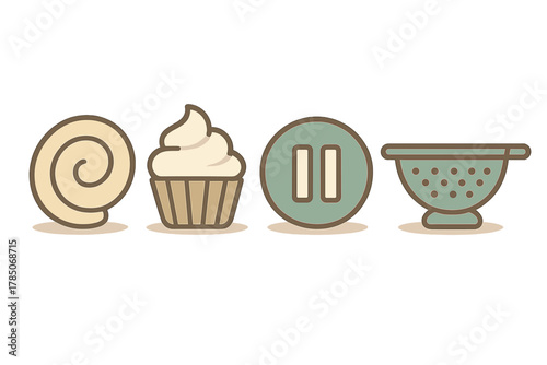 Pastry swirl cupcake pause button and colander graphic symbols
