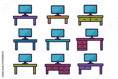 Assortment of desktop computers on vibrant colored desks and tables
