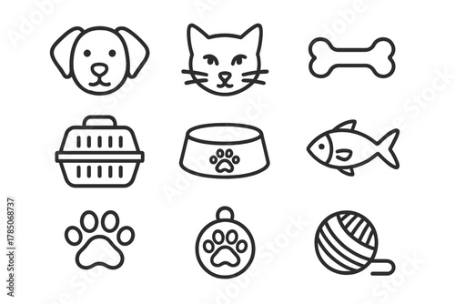 Collection of essential black line icons for common domestic pets and supplies