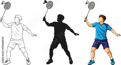 Badminton player in different styles outline, silhouette, and color version for various design needs