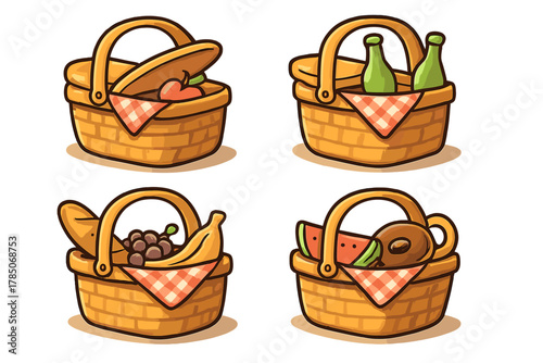 Four woven wicker baskets filled with assorted fresh food items for outdoor dining