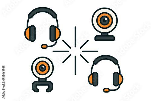 Headset and webcam icons for digital communication and online meetings