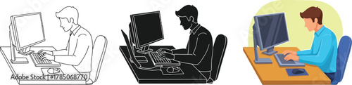 Illustration of a man working a computer, presented in three styles