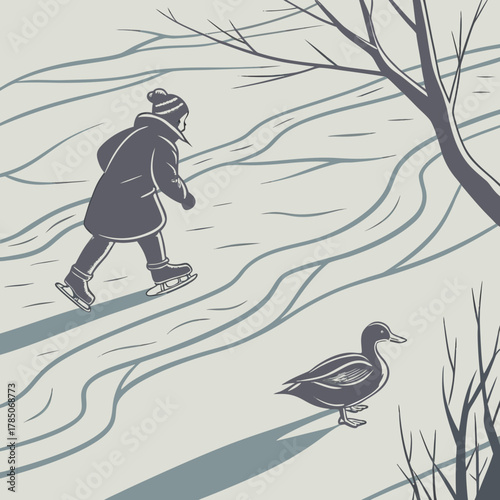Person Ice Skating Past A Duck On A Frozen Pond vector illustration