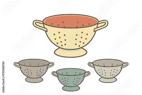 Assortment of kitchen colanders with handles in soft pastel shades